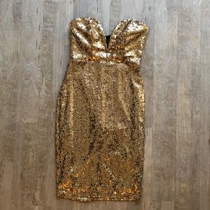 Lulu’s Gold Sequin Plunge Strapless Dress
